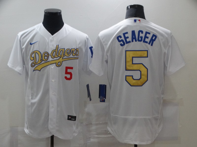 Men's Los Angeles Dodgers #5 Corey Seager White Gold 2021 Stitched Jersey Men's Los Angeles Dodgers #5 Corey Seager White Gold 2021 Stitched Jersey